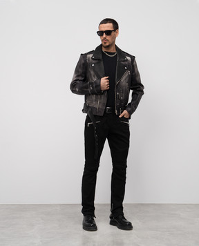 Balmain Black leather biker jacket with print EH1TD507LD79