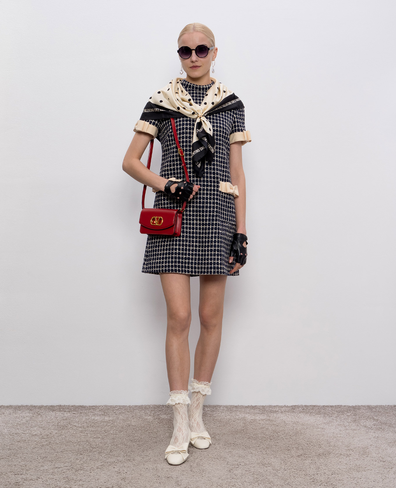 

Blue tweed dress with checked wool Valentino