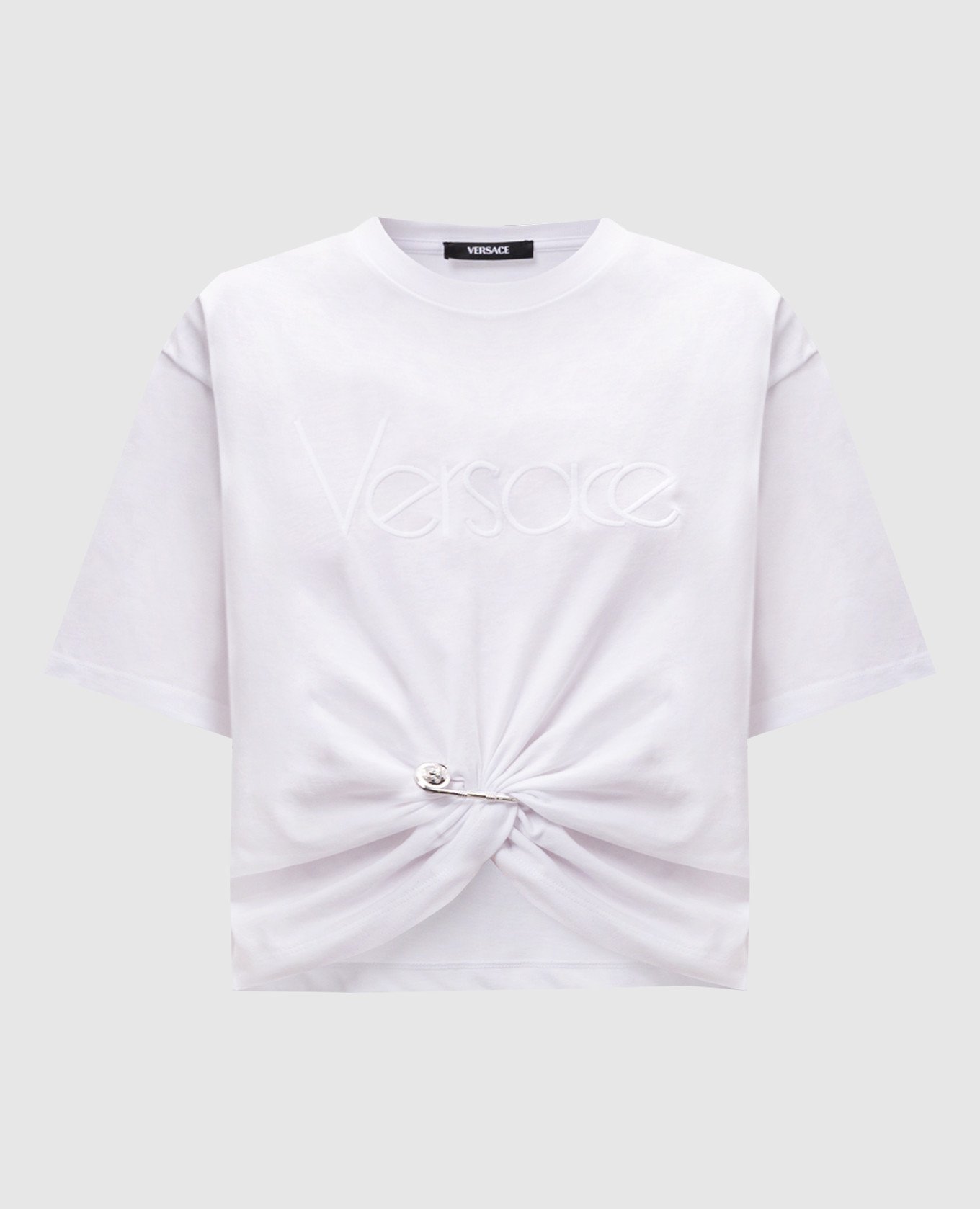 

White cropped T-shirt with logo and branded pin Versace