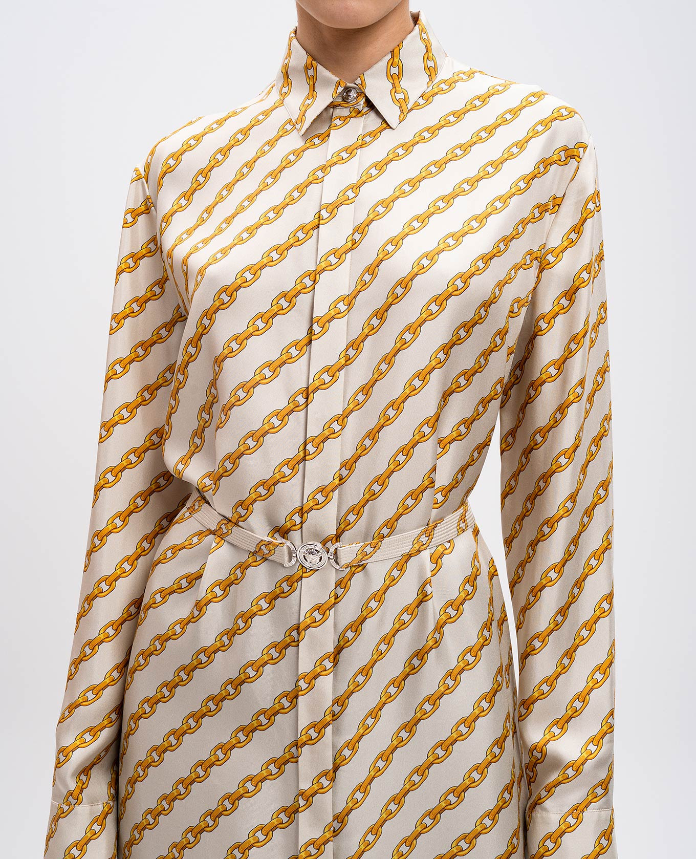 Beige Chain Stripes Silk Shirt Dress Versace 5