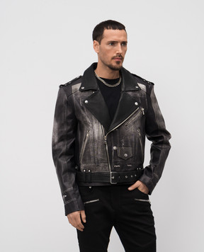 Balmain Black leather biker jacket with print EH1TD507LD79