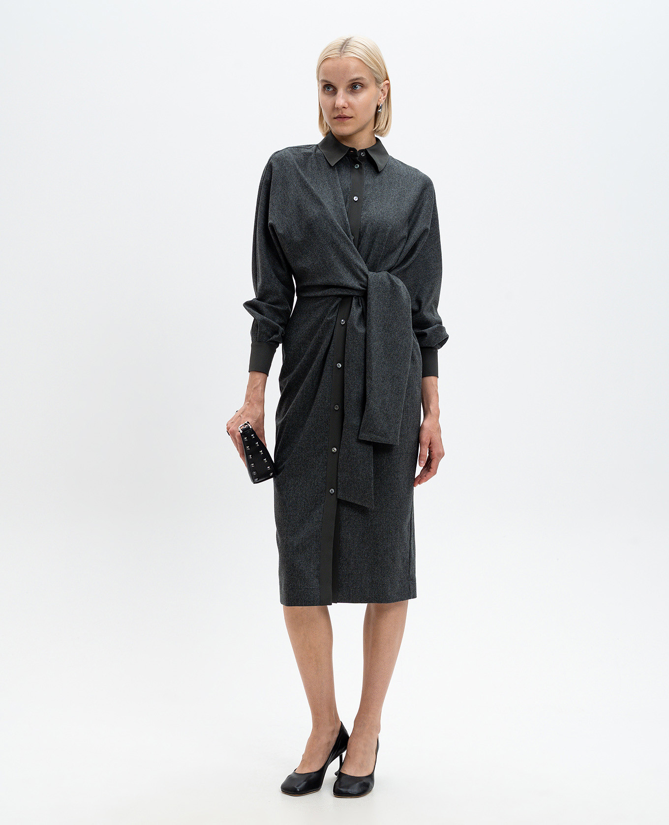 Gray wool and cashmere shirt dress with metallic logo Agnona 2