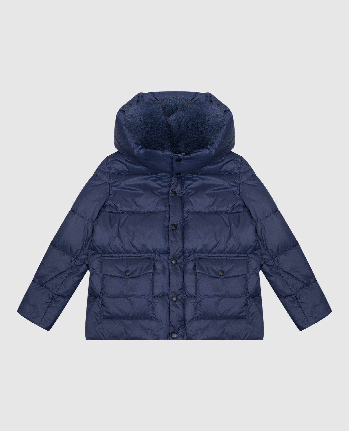 Children's blue down jacket with fox fur yves salomon enfant