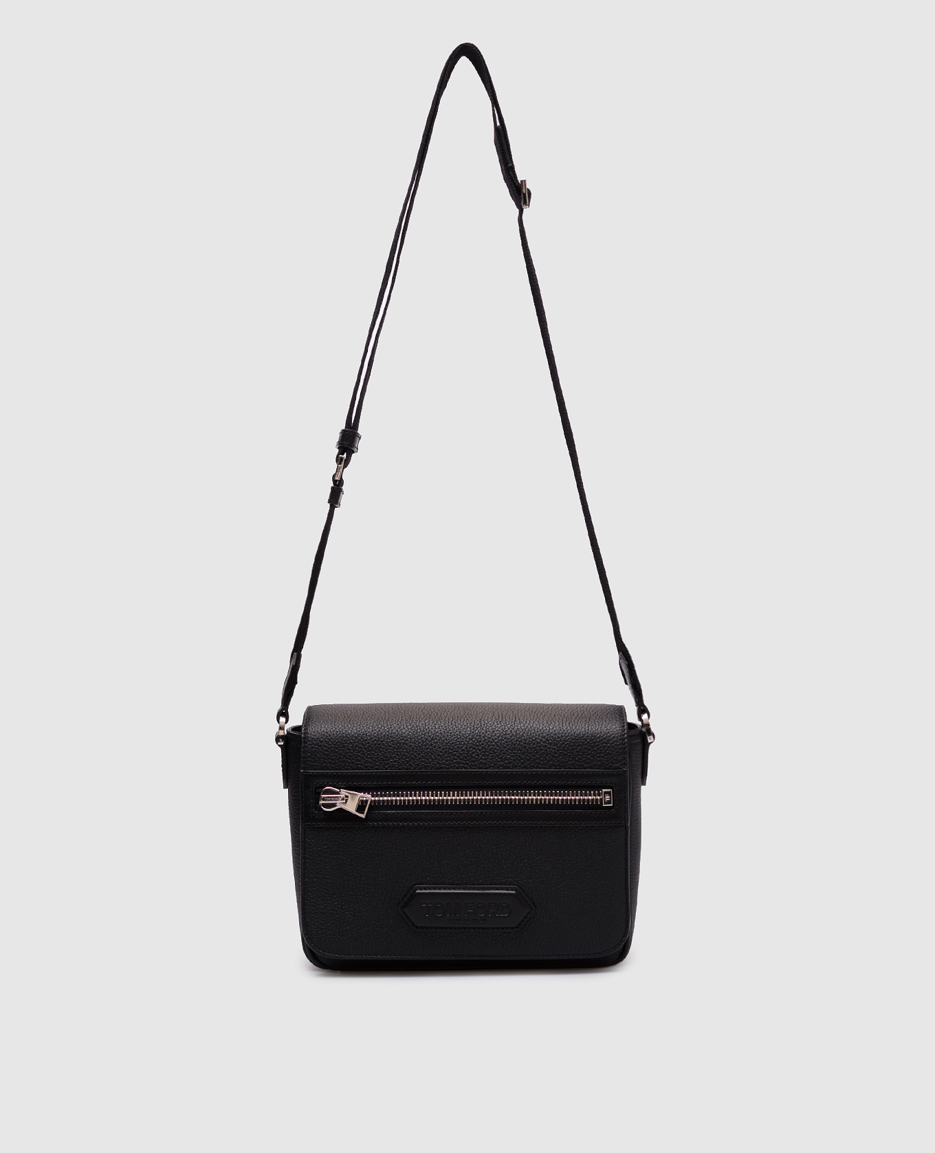 

Black leather messenger bag with logo patch Tom Ford