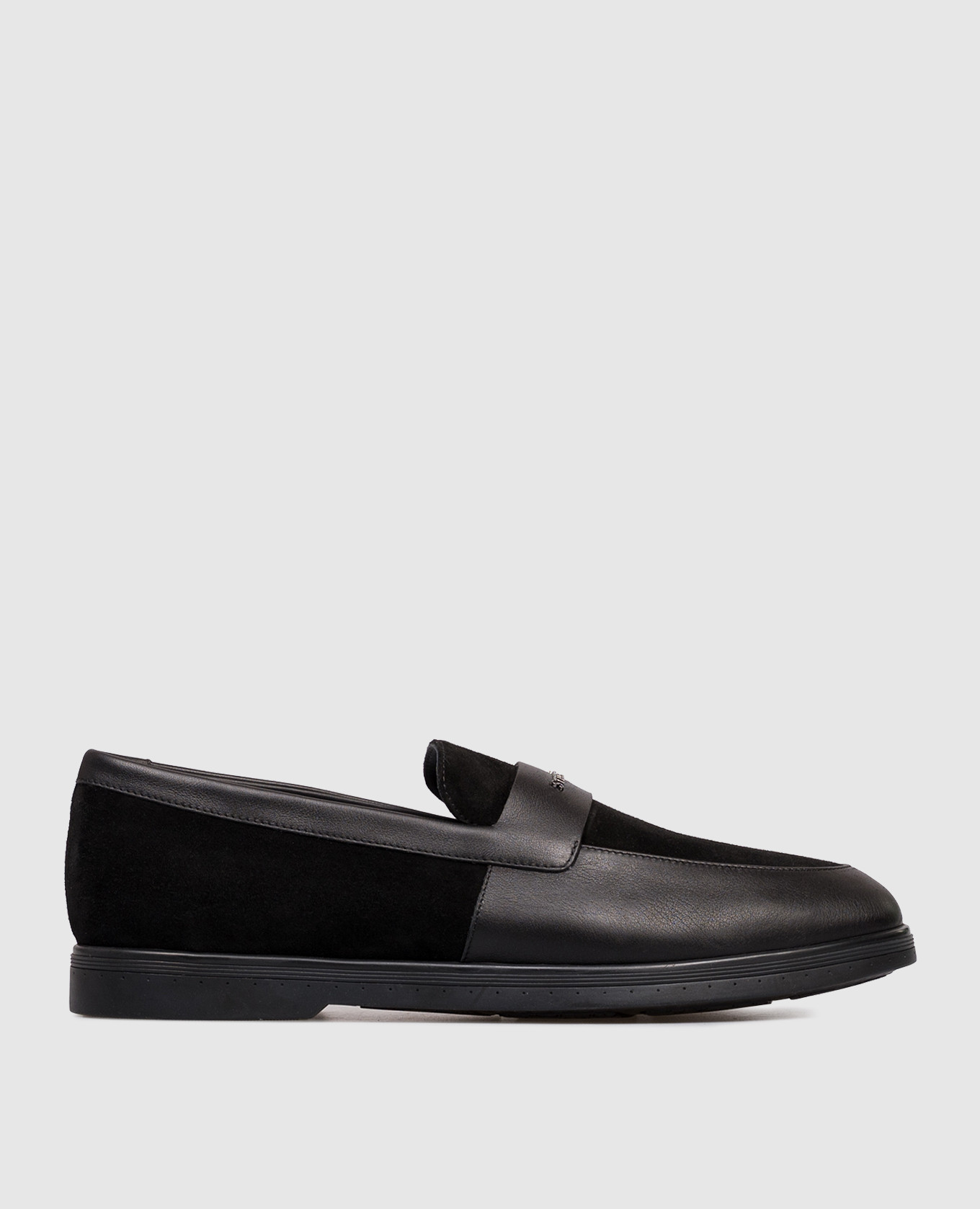 Black suede loafers with logo