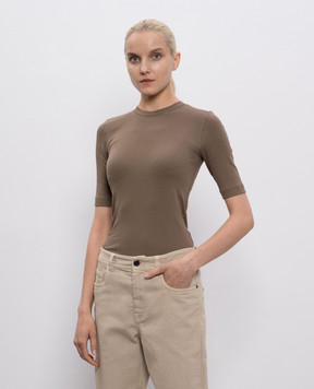Brunello Cucinelli Brown ribbed top with monil chain MPTC8BJ310