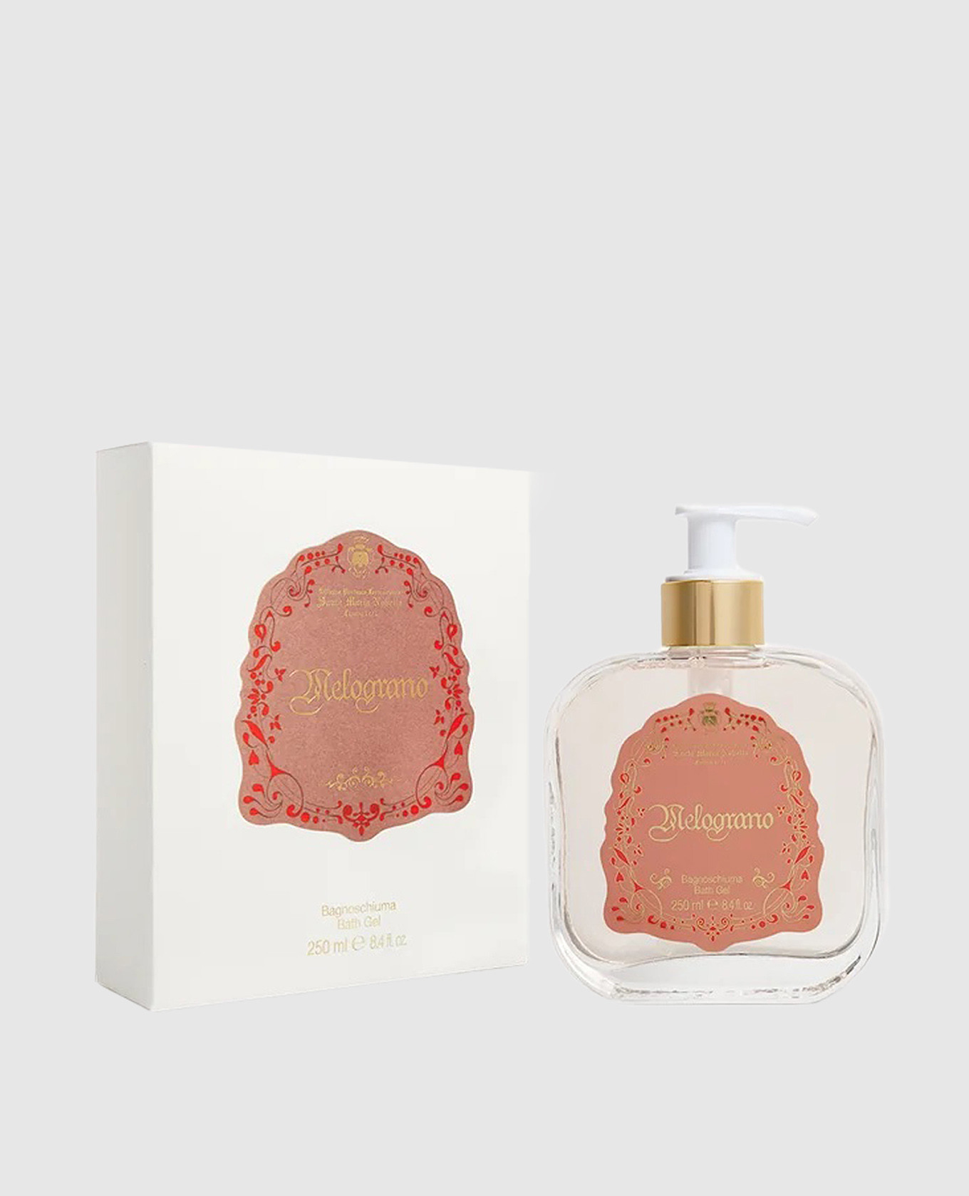 Women's shower gel melograno in a glass container with a dispenser of 250 ml santa maria novella