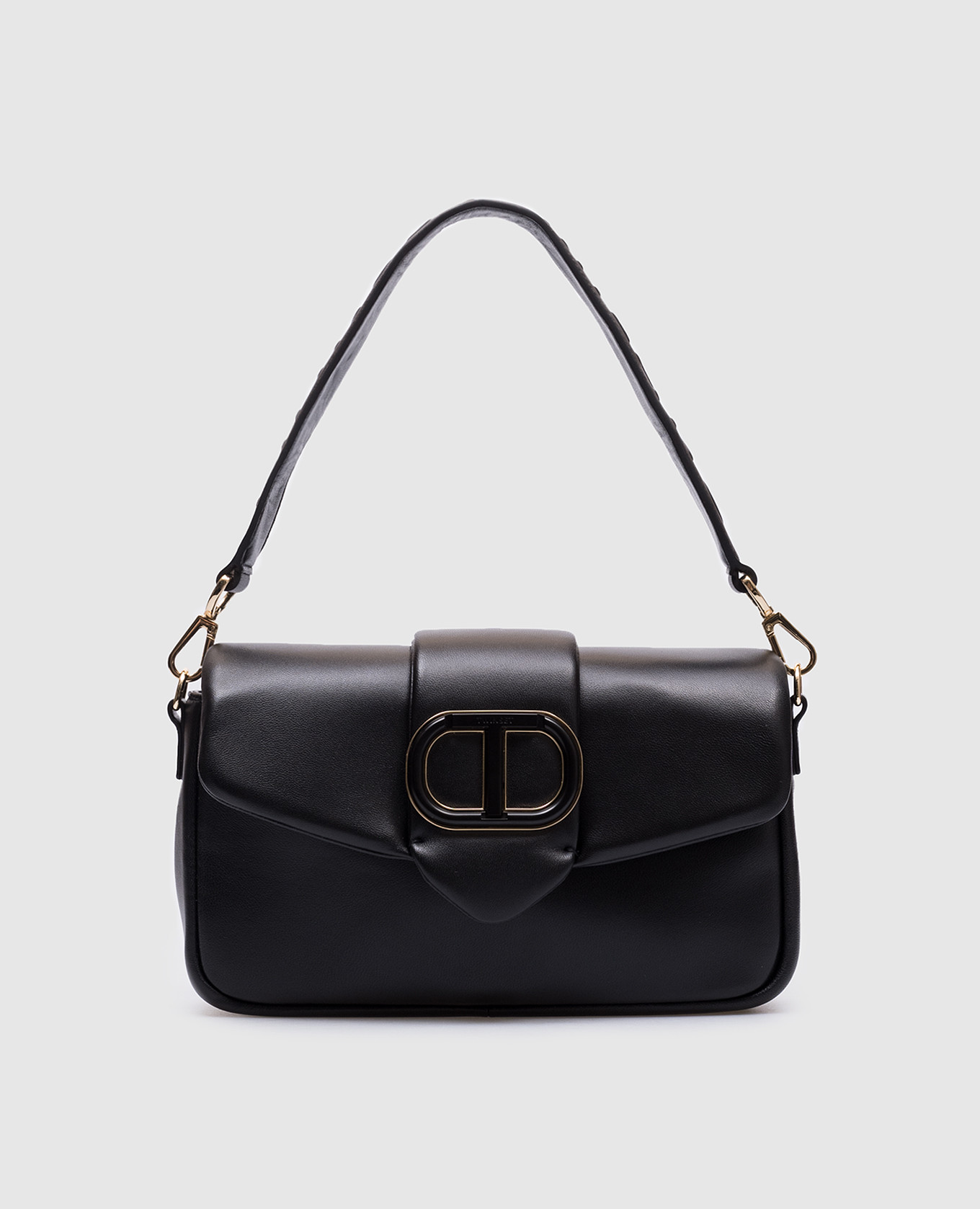 

Amie Logo Embossed Black Leather Messenger Bag Twinset