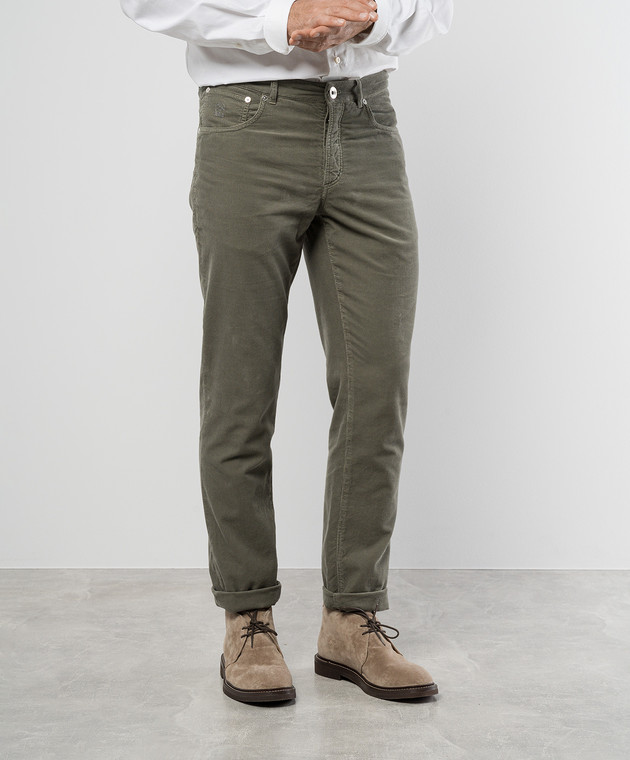Brunello Cucinelli - Green corduroy pants with logo embroidery