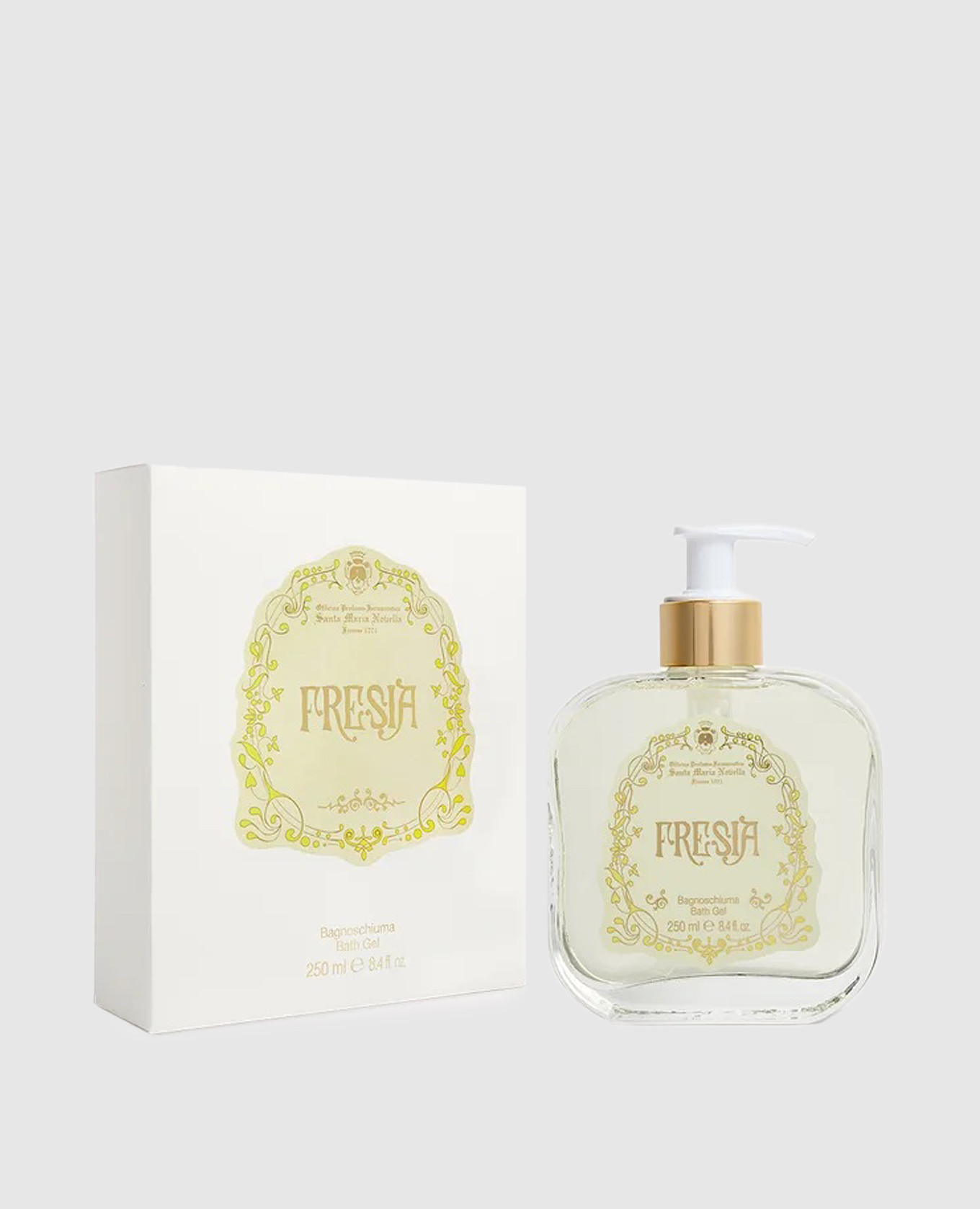 Women's shower gel fresia in a glass container with a dispenser of 250 ml santa maria novella