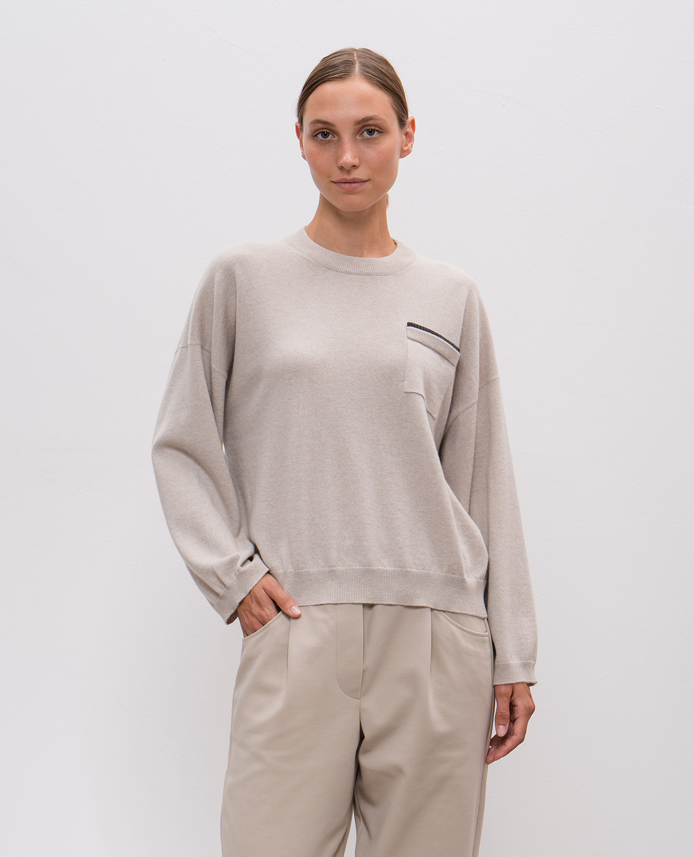 

Beige cashmere sweater with monil chain Brunello Cucinelli