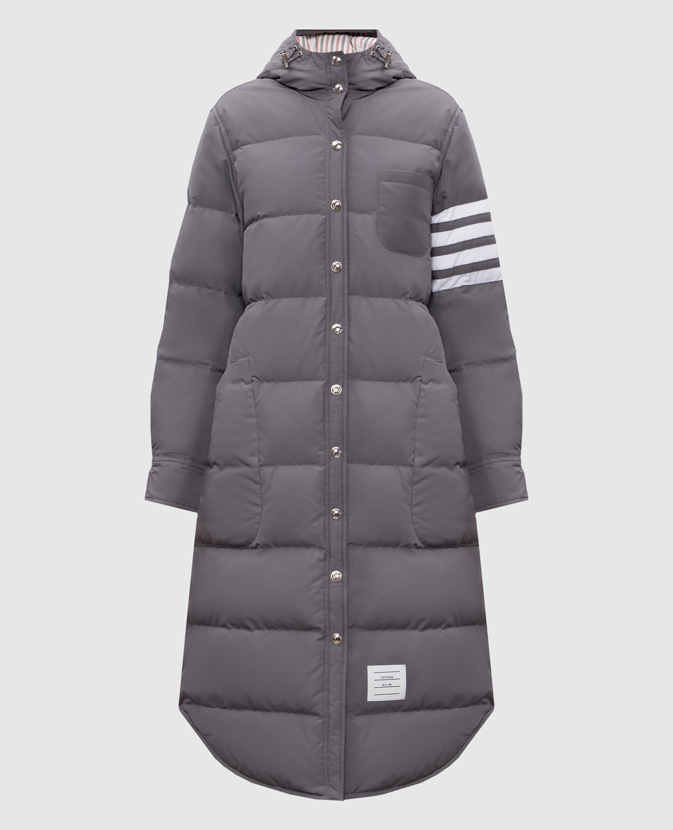 

Grey quilted down jacket with branded stripes Thom Browne