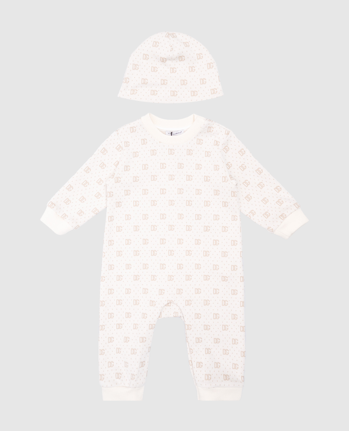 Children&#39;s beige jumpsuit and hat set with monogram logo Dolce&Gabbana
