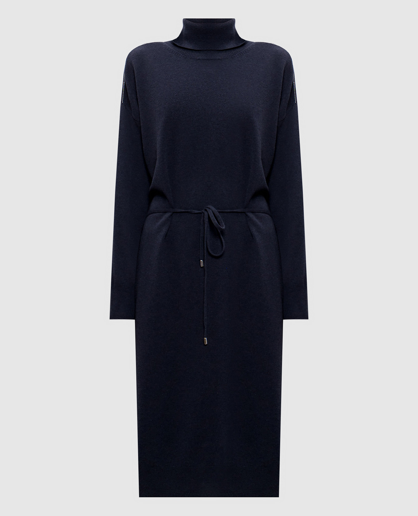 Blue wool, silk and cashmere dress with monil chain