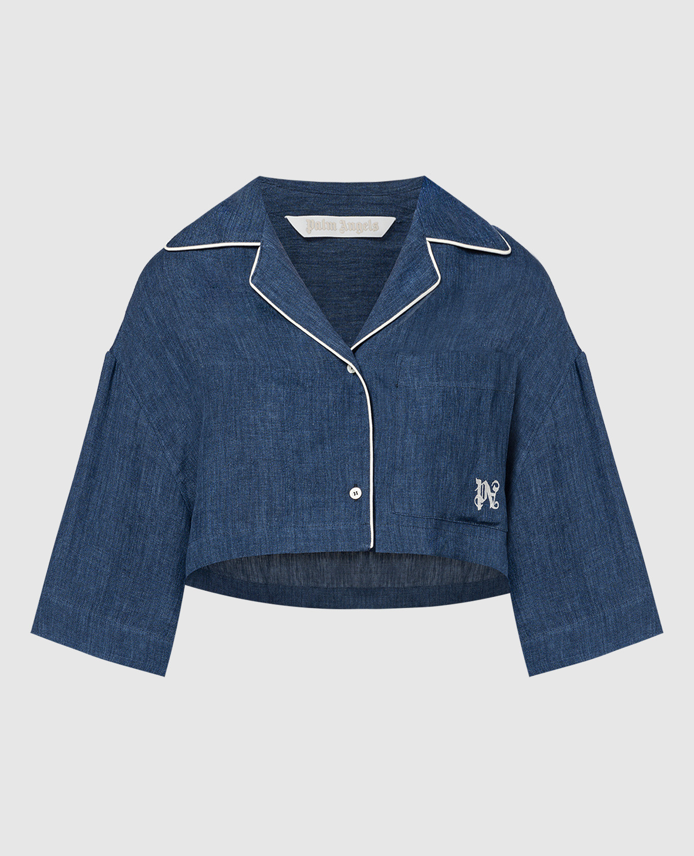 Blue cropped linen shirt with logo palm angels