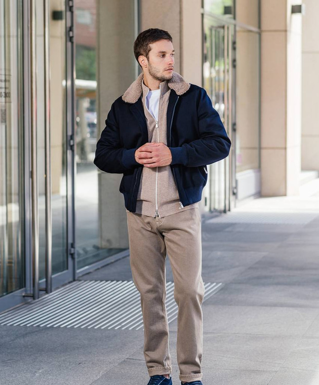 Brunello Cucinelli - Blue cashmere jacket with fur MM4006889