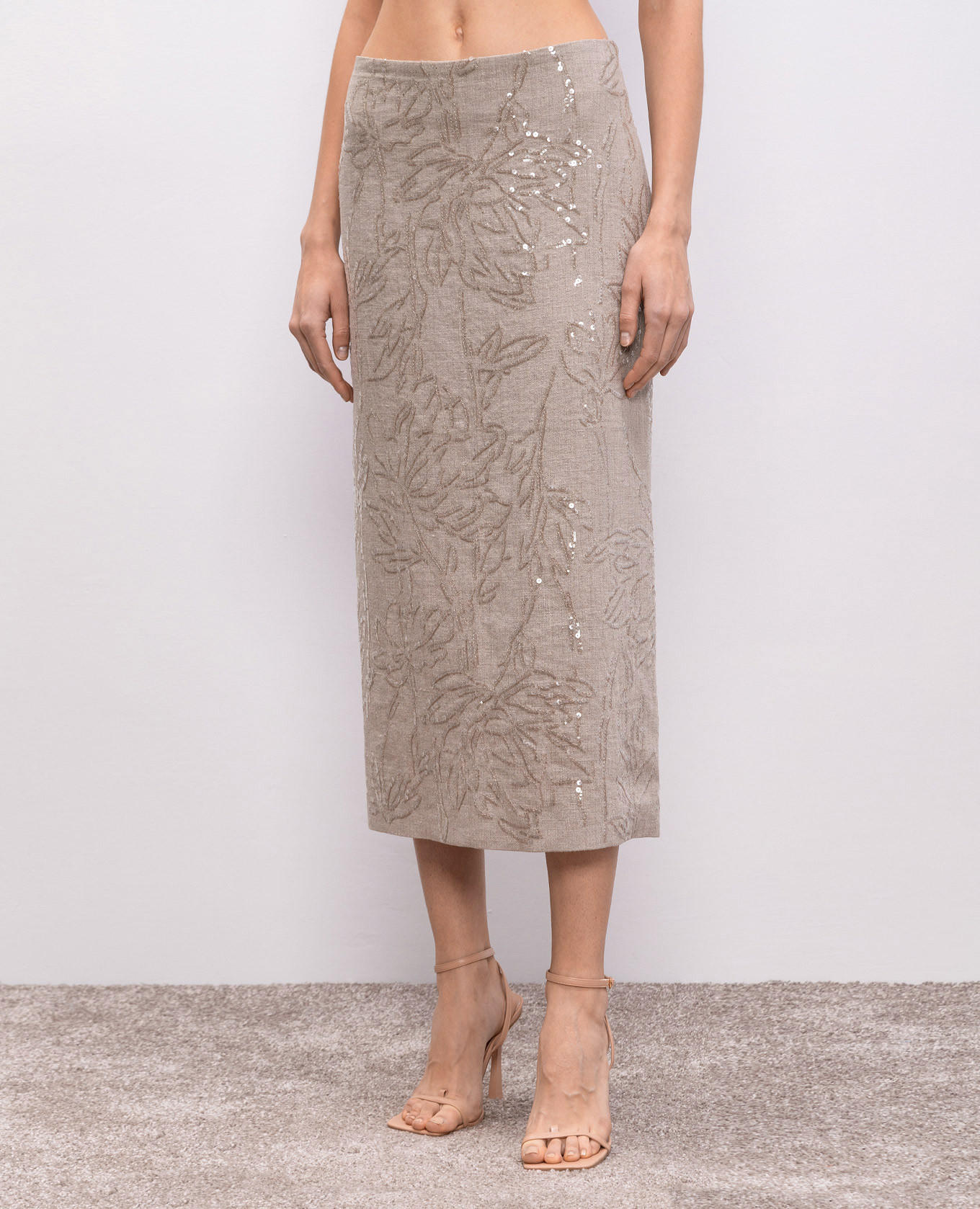 Beige linen midi skirt with sequins Brunello Cucinelli 3