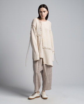 Y`S Yamamoto Beige elongated jumper of asymmetric cut with lacing YSK06082