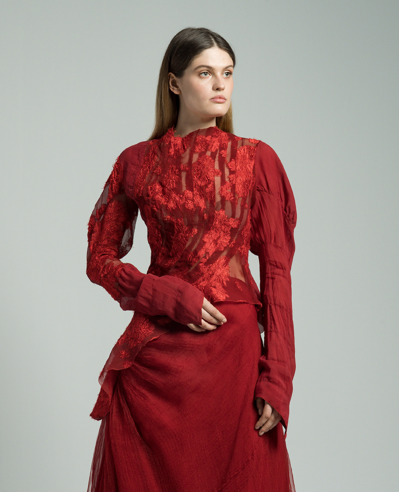 Red silk blouse with lace Marc Le Bihan 3