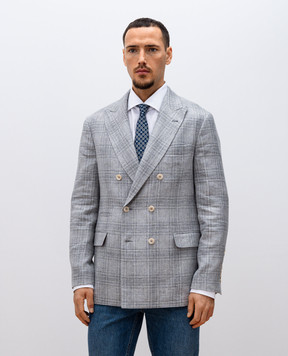 Brunello Cucinelli Gray double-breasted checked linen, wool and silk jacket MR4877BPD