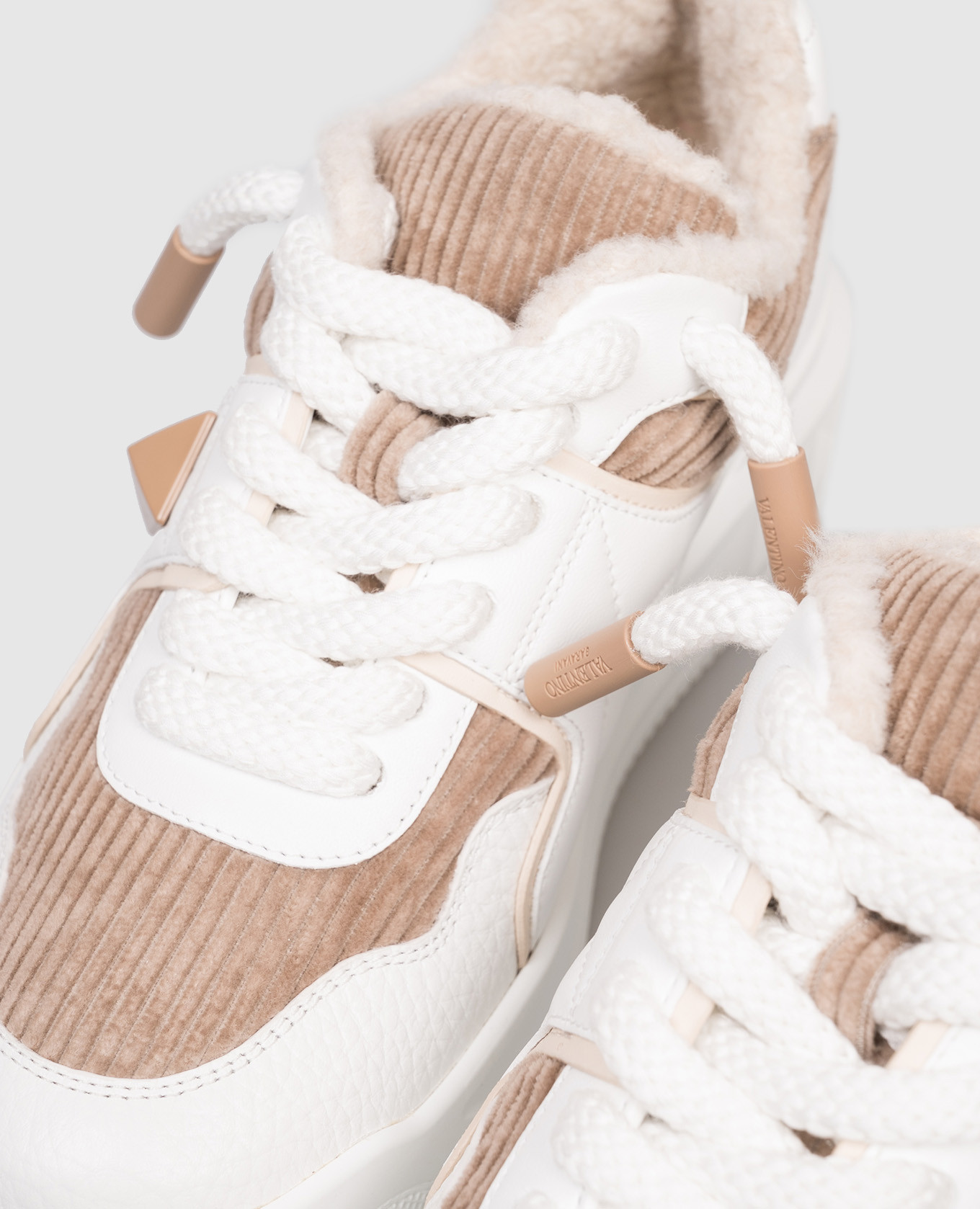 

White One Stud XL Fur-trimmed Sneakers Valentino