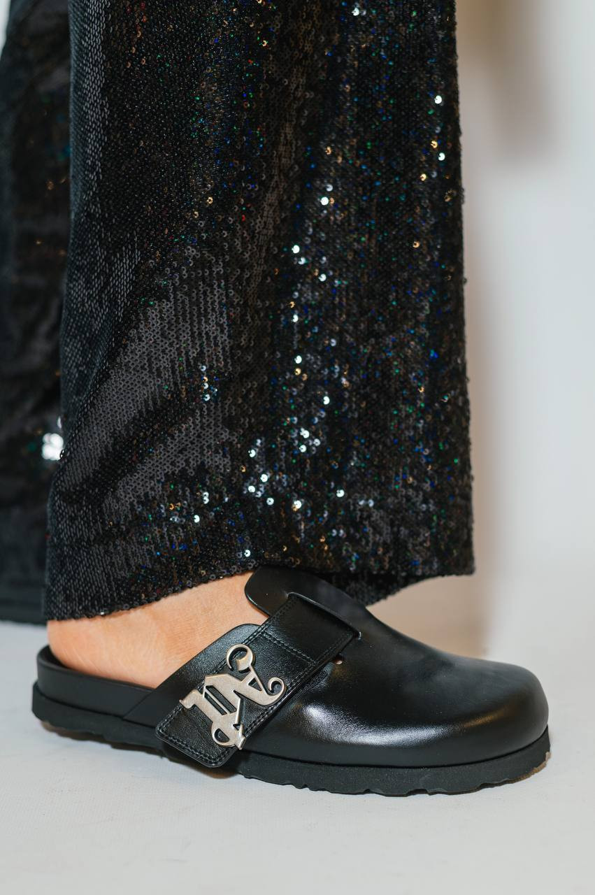 

Black leather mules with monogram logo Palm Angels