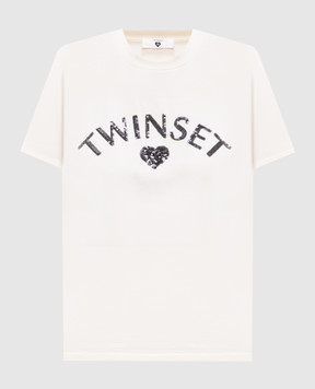 Twinset Beige T-shirt with sequined logo embroidery 251LL2SDD