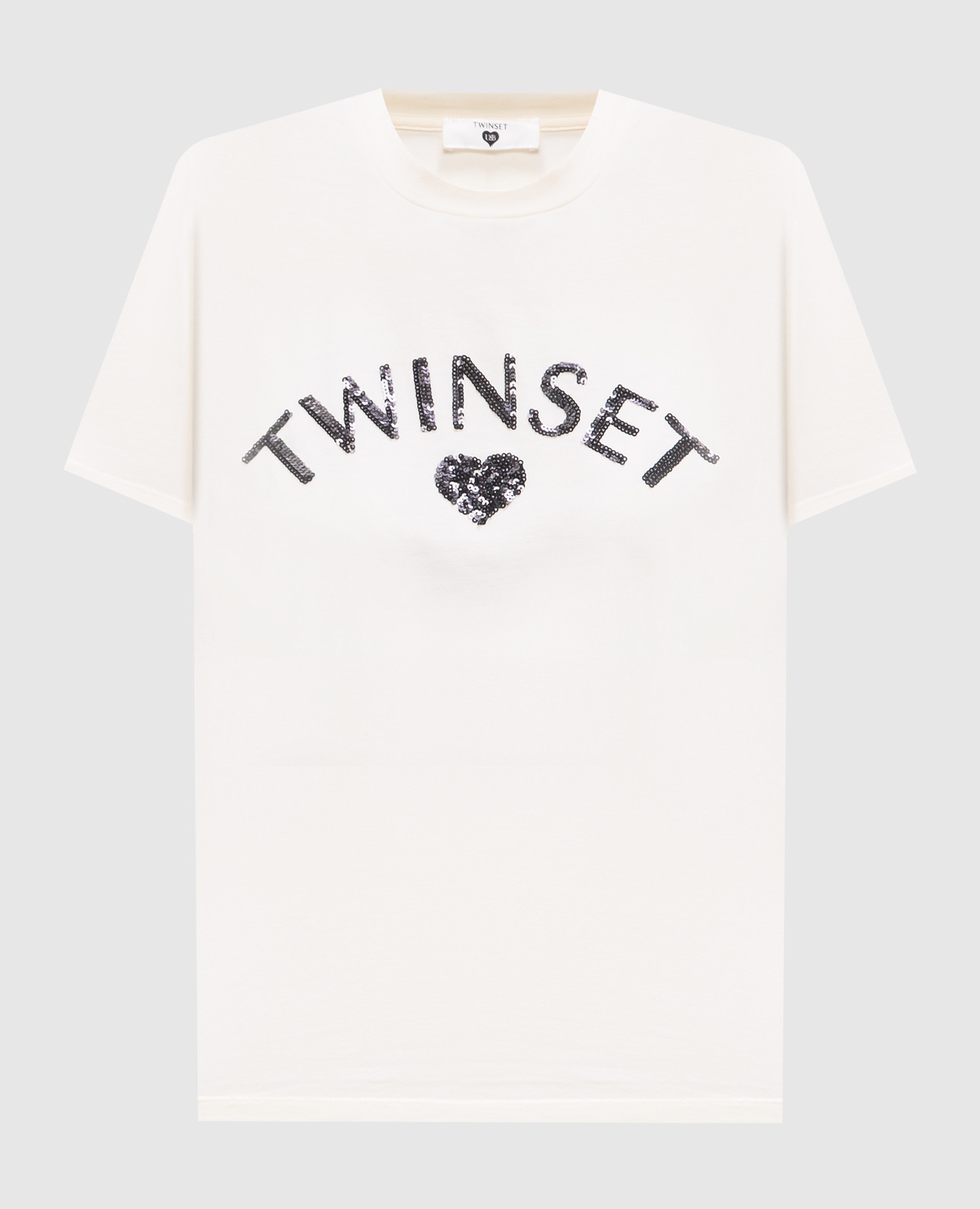 Beige T-shirt with sequined logo embroidery Twinset