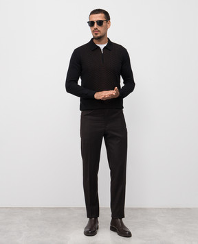 Bertolo Cashmere Black wool and silk polo shirt with geometric pattern 902518002531