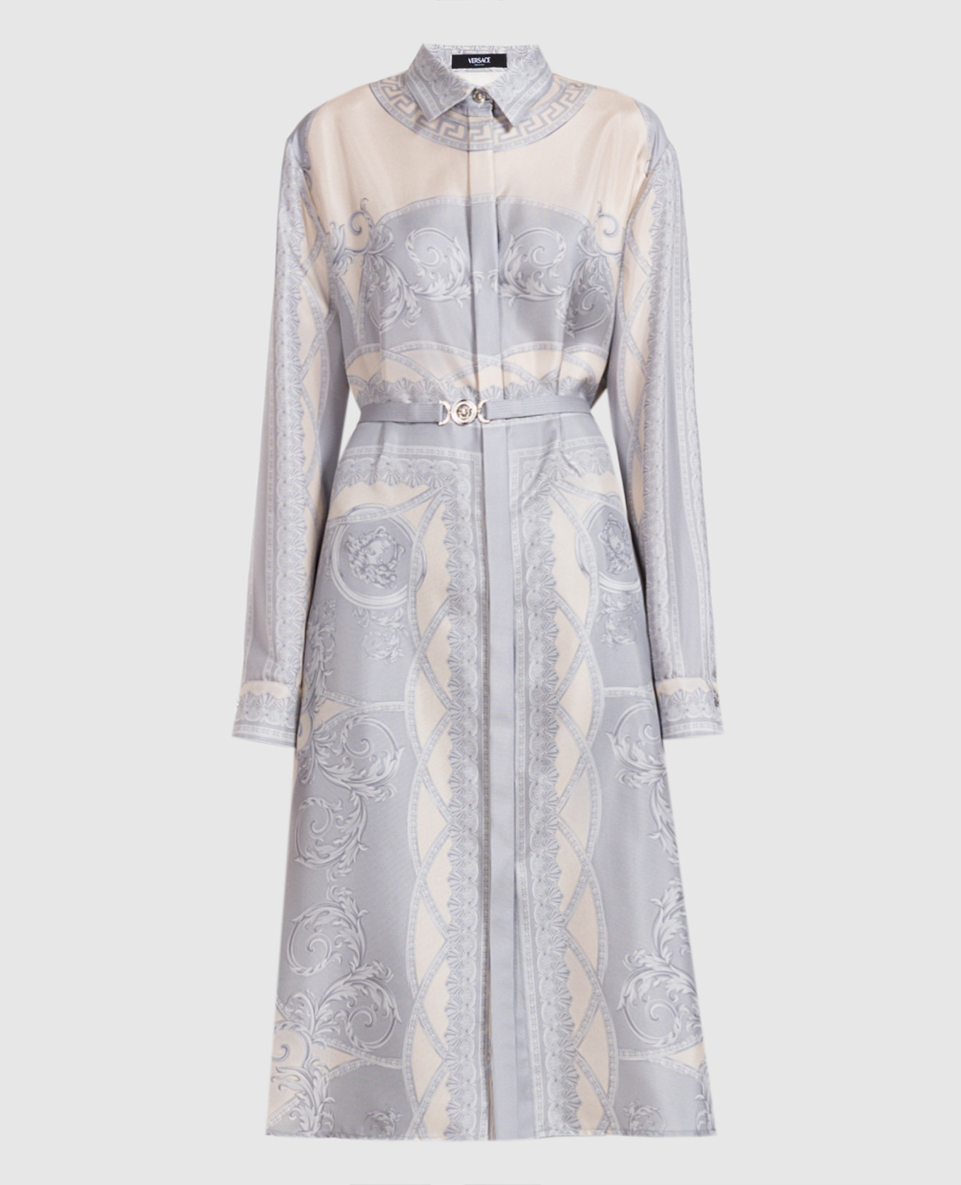 

Grey silk shirt dress with La Coupe des Dieux print Versace