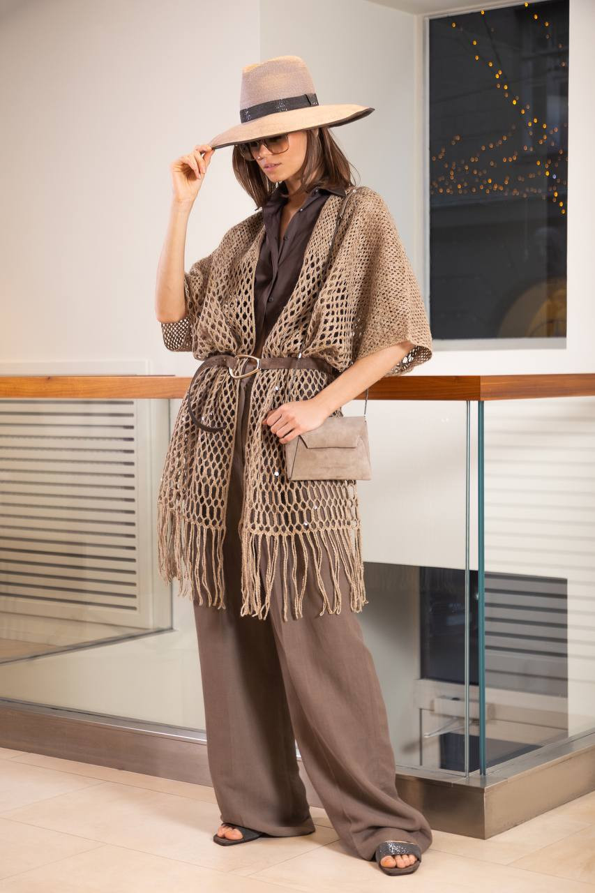 Beige openwork cardigan made of silk and linen with sequins Brunello Cucinelli 7