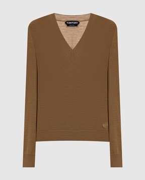 Tom Ford Brown cashmere and silk pullover with monogram logo MAK1357YAX087