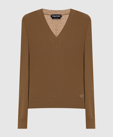 Brown cashmere and silk pullover with monogram logo