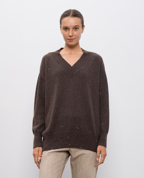 Brunello Cucinelli Brown cashmere and silk pullover with sequins M73539922