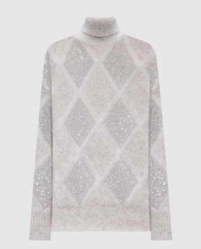 Brunello Cucinelli Gray sweater made of wool in a geometric pattern with sequins MCM518803