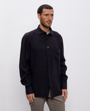 Stefano Ricci Black linen shirt with embroidered monogram logo MC007893BX2922