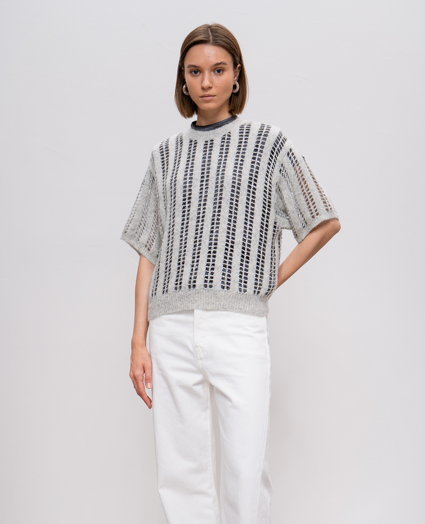 Gray openwork top made of wool with lurex Brunello Cucinelli 3