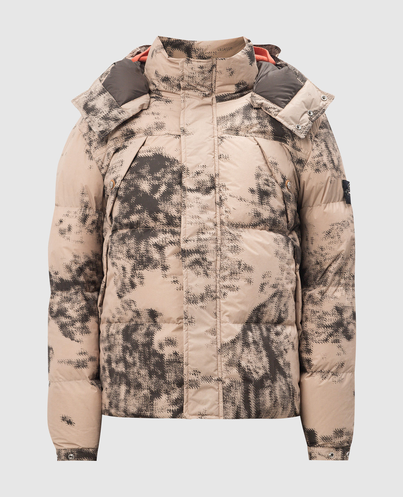 Beige down jacket in an abstract print with a logo stone island