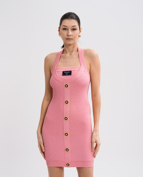 Balmain Pink ribbed mini dress with logo patch EF1R4023KI10