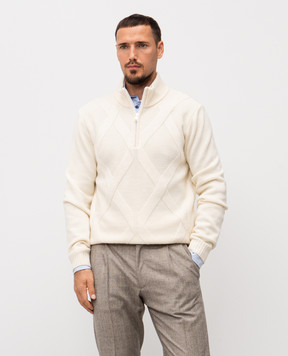 Cashmere&Whiskey White merino wool sweater with geometric pattern CH06