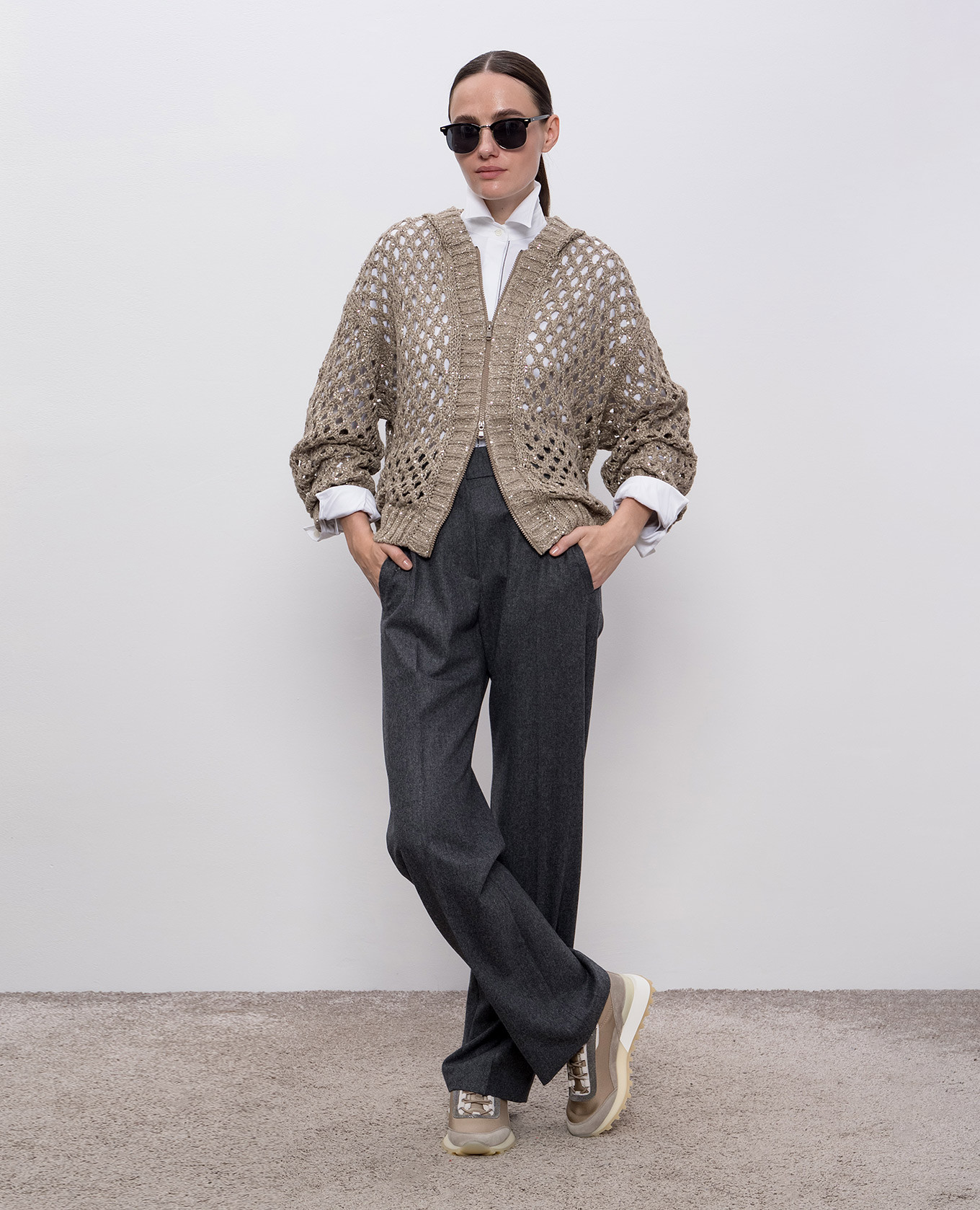 

Beige openwork cardigan with hood Brunello Cucinelli