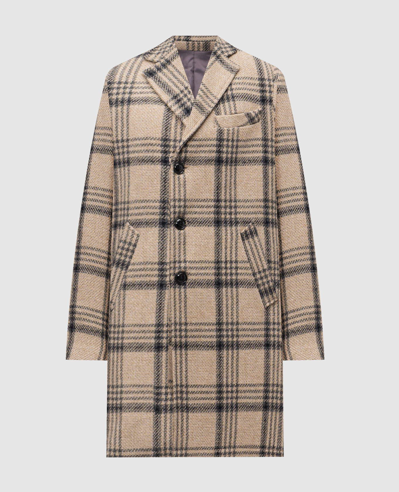 

Beige wool check coat Exibit