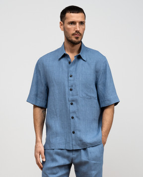 Cashmere&Whiskey Blue linen shirt with short sleeves 0335900195