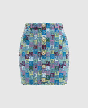 Balmain Blue denim mini skirt with logo monogram print DF1LBA26DE71