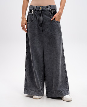 Palm Angels Gray wide leg jeans with a monogram pattern PWYB037F24DEN001