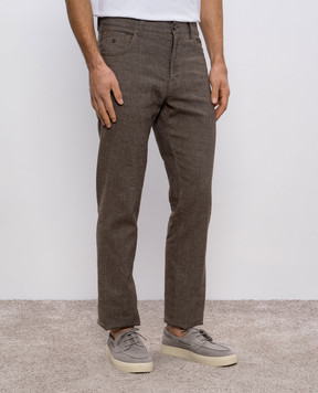 Stefano Ricci Brown linen pants with leather logo patch MFT51B0080T285PT