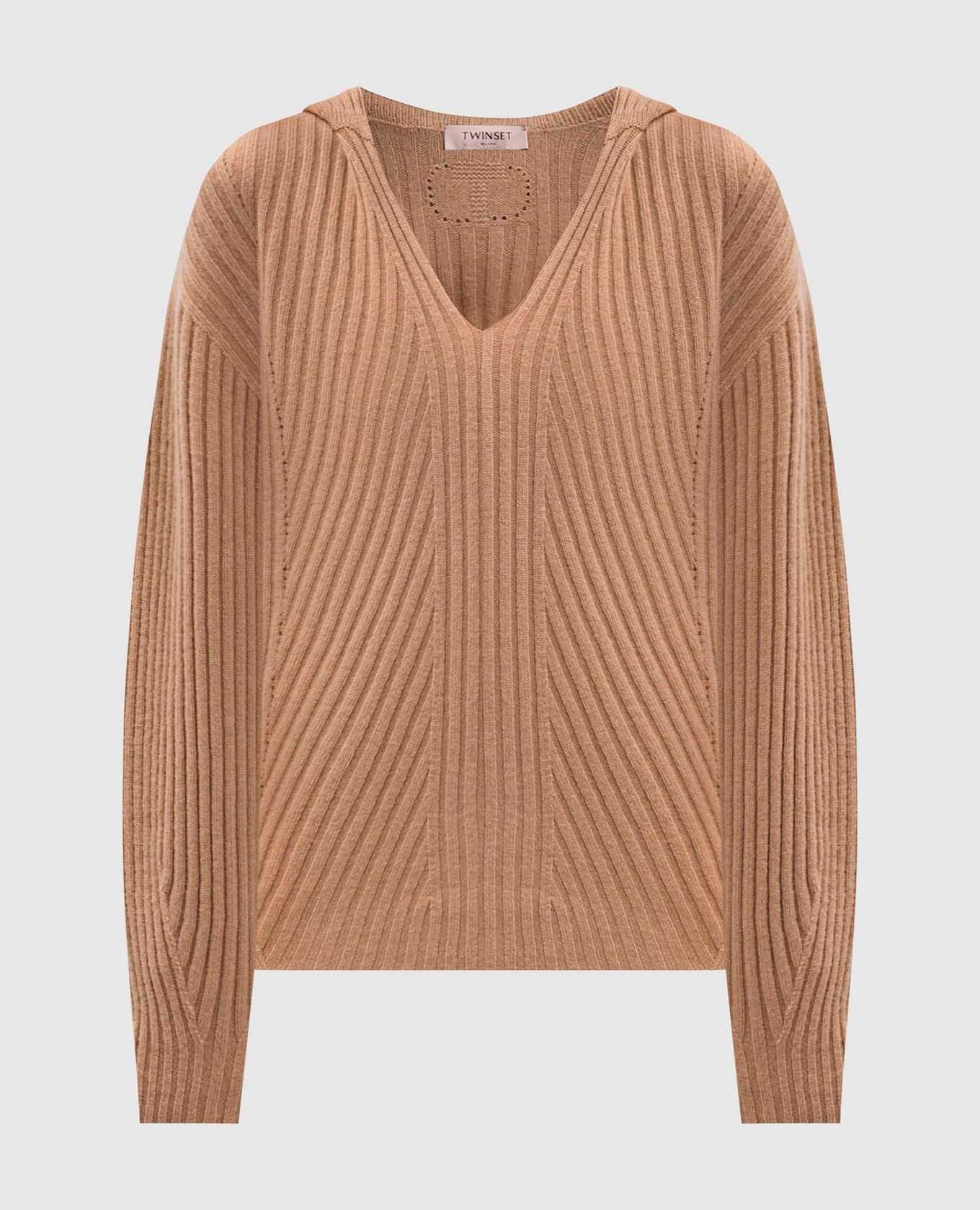 Brown wool and cashmere pullover with hood Twinset