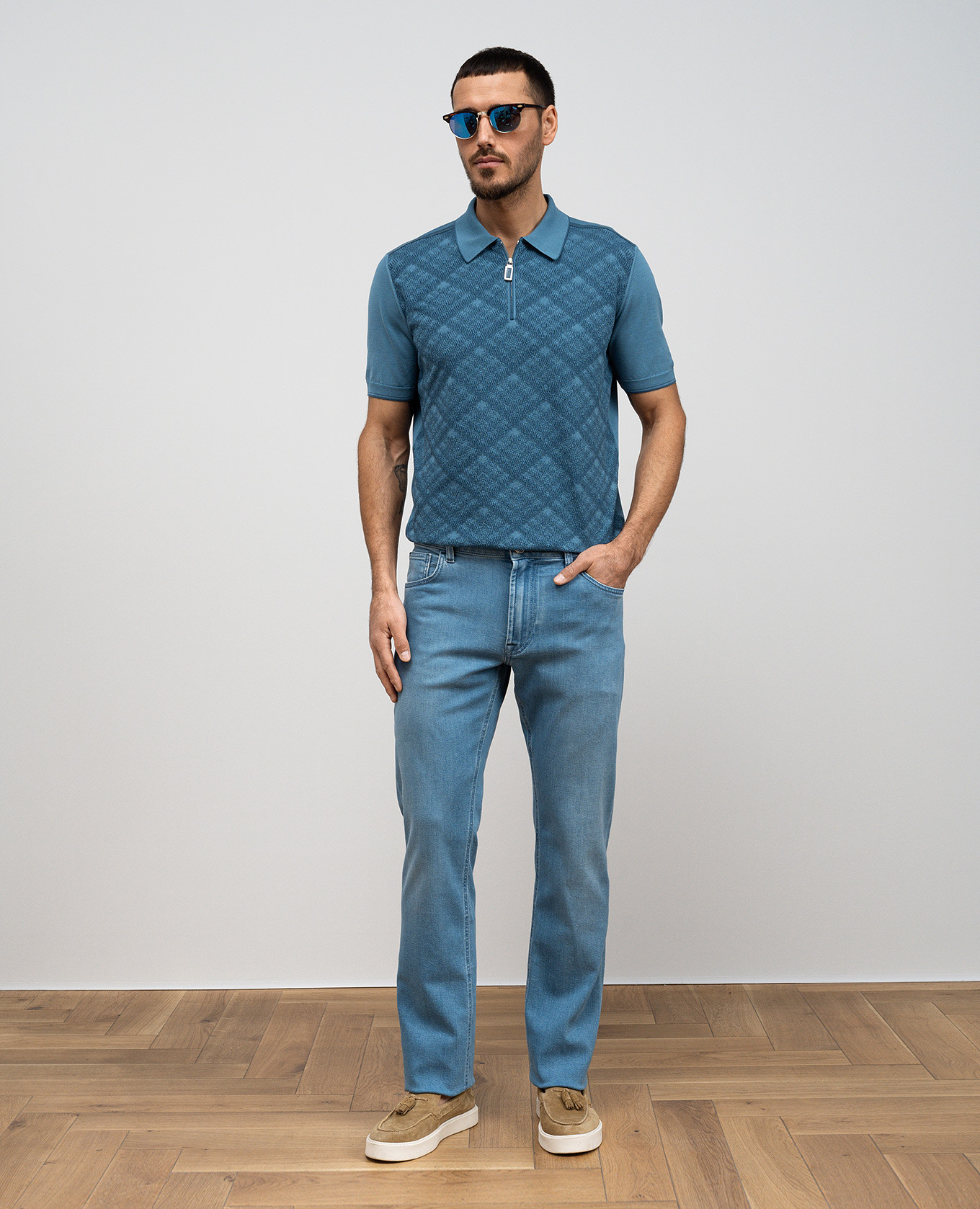 

Blue polo shirt with silk in woven pattern Stefano Ricci, Light blue