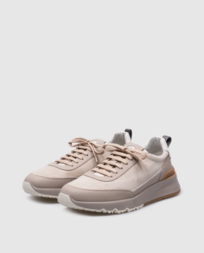 Brunello Cucinelli Beige leather sneakers with textured logo MZUSGGO278