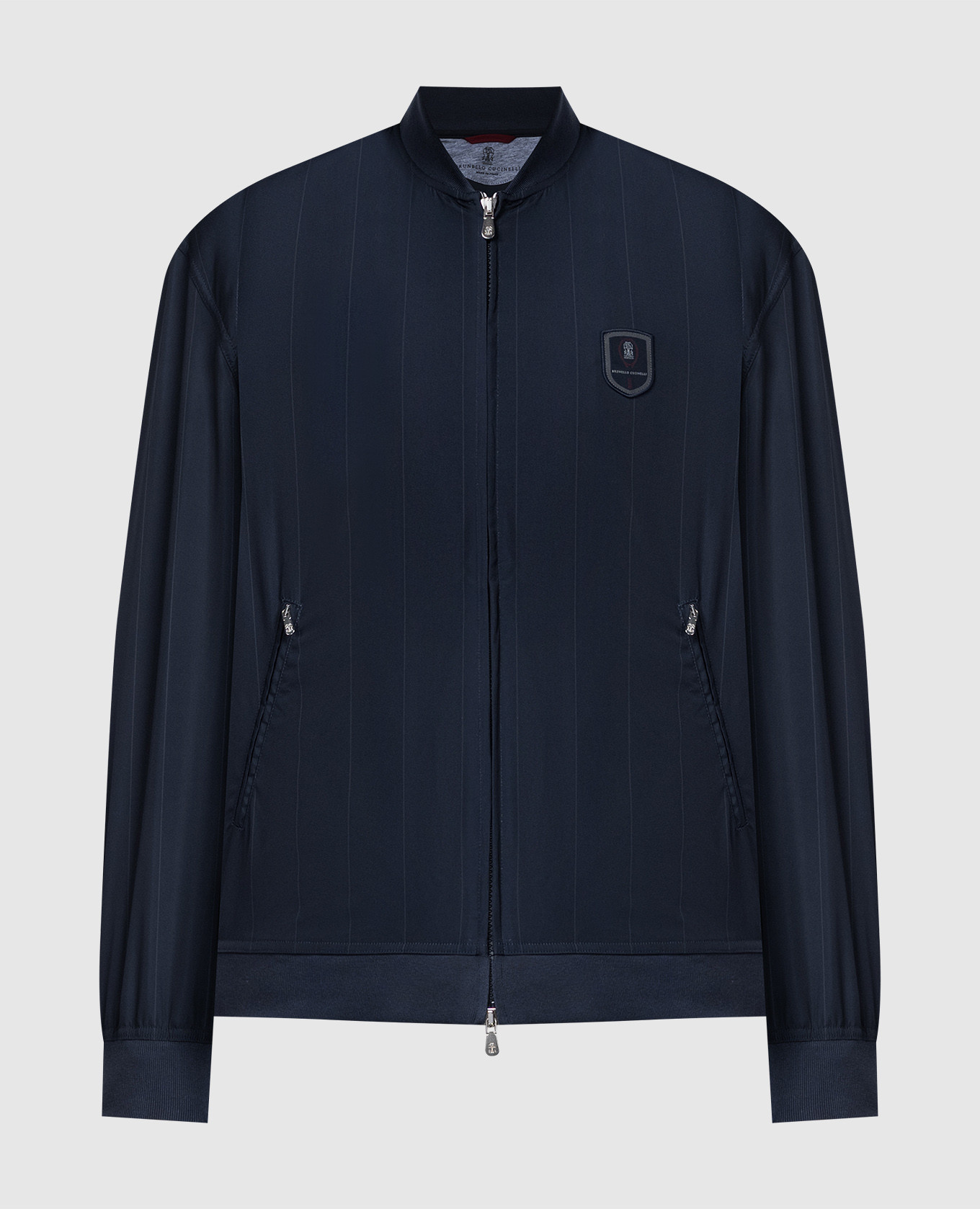 Blue striped bomber jacket with logo patch brunello cucinelli